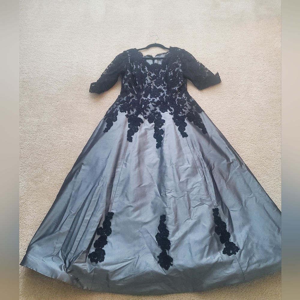 Gown - Black Lace Detail over Pewter, lined Size 12